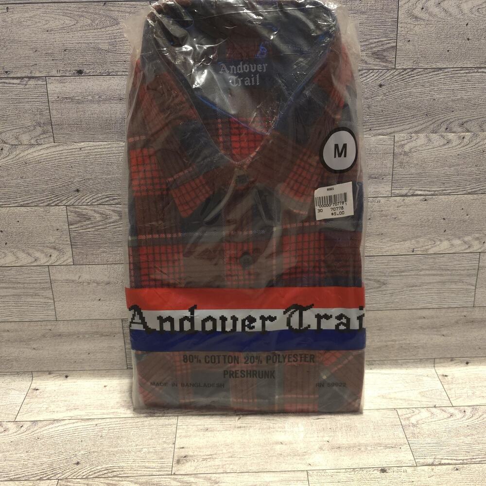 Flannel Shirt Andover Trail Medium Red‎ 80/20 Cotton Poly Vintage Mens Plaid